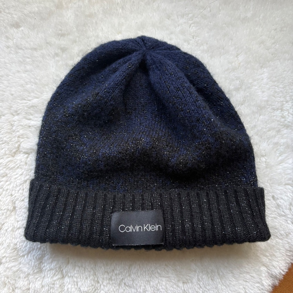 Calvin Klein Navy‎ Black Metallic Shimmer Knit Beanie Hat Ribbed Logo Patch